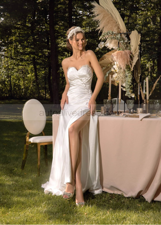 Strapless Beaded Ivory Satin Lace Slit Minimalist Wedding Dress
